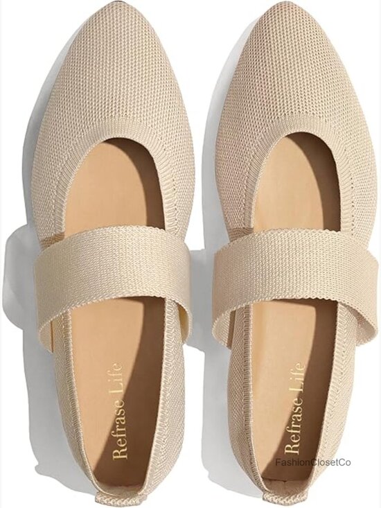 Shoes - Pointed Toe Mary Jane Ballet Flats, Knit Slip-On Shoes